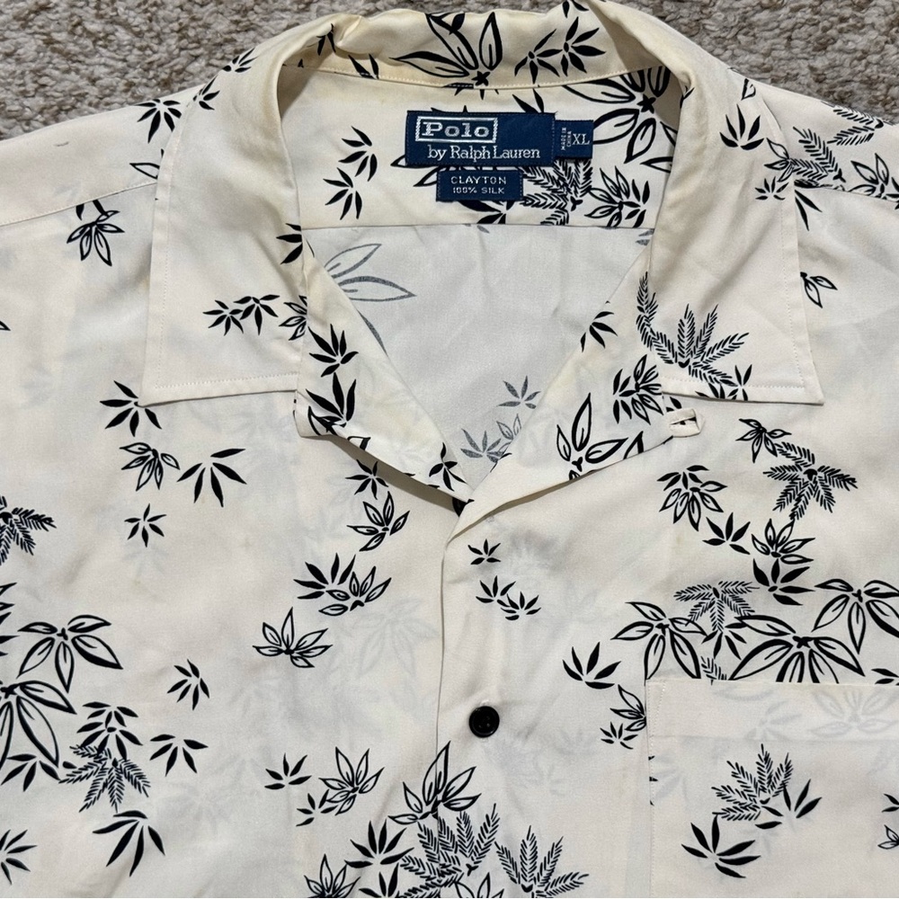 Vintage Ralph Lauren Clayton Silk Cream Black Floral Button‑Down Shirt Size XL
